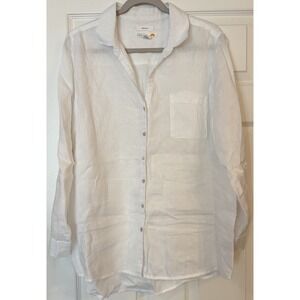 C&C California 100% Linen Blouse LG White Button Up Lagenlook Minimalist Light